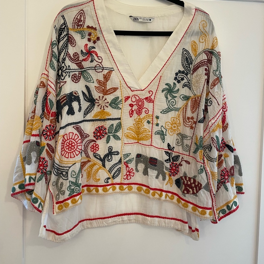 Zara Multicolor Embroidered V-Neck Blouse